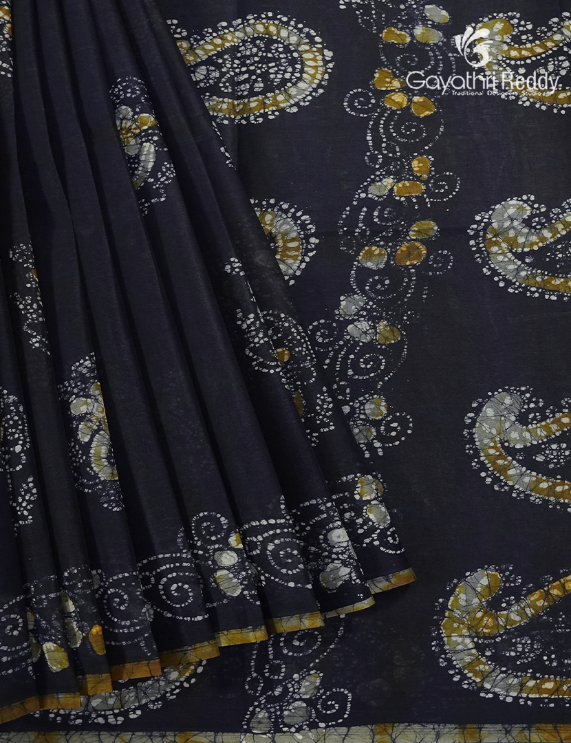 Cotton Batik Print Saree in Deep Navy Blue