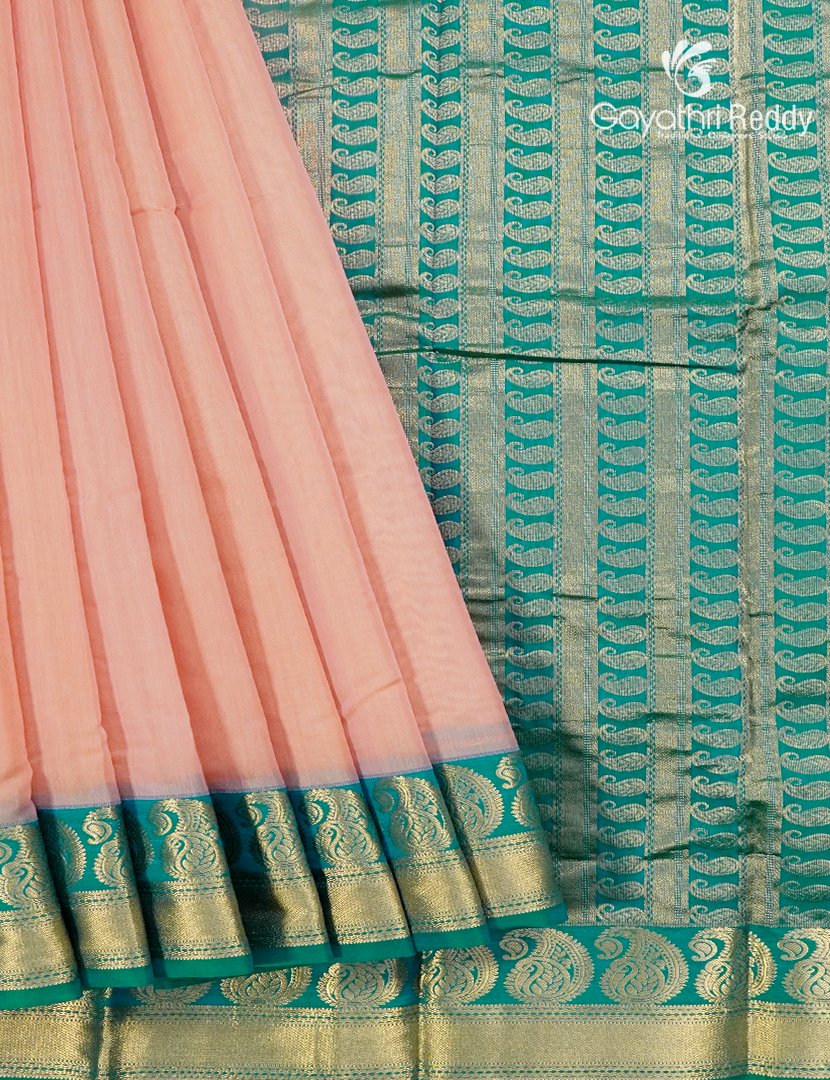 Pure Kanchi Sico Saree in Pastel Peach and Rama Green