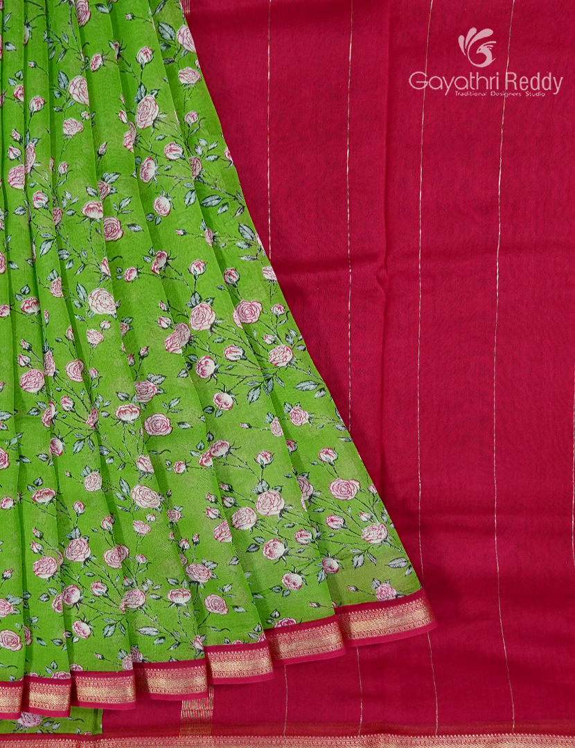 Pure Maheshwari Silk Saree in Parrot Green and Deep Pink