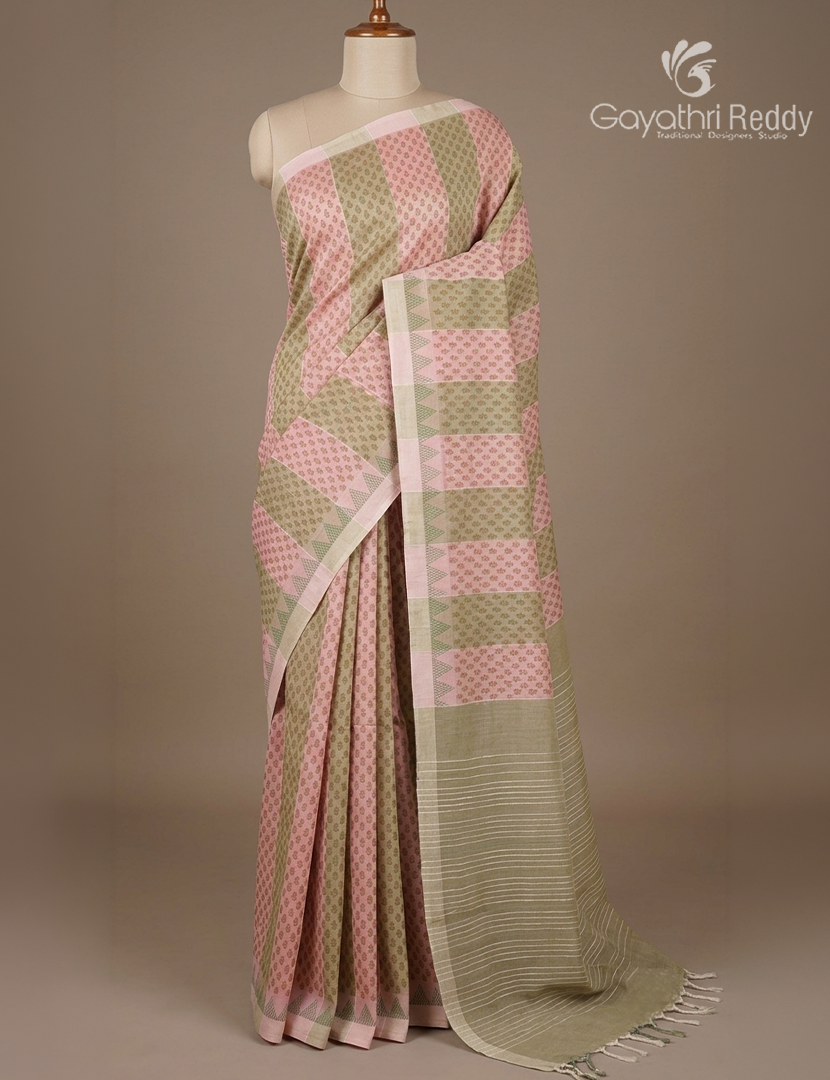 Pure Kanchi Cotton Printed Saree in Baby Pink and Lime Green