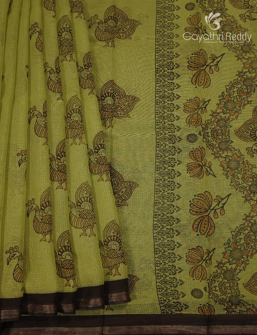 Premium Quality Cotton Kota Saree in Leaf Green and Black