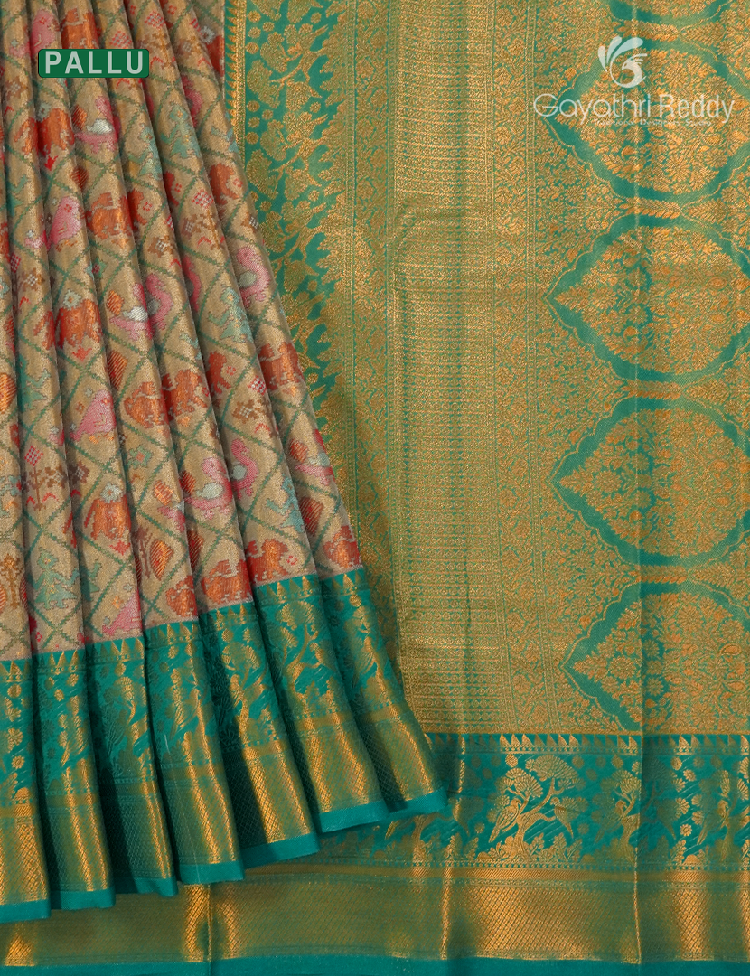 Semi Kanchipuram Silk Saree in Rose Gold and Rama Green