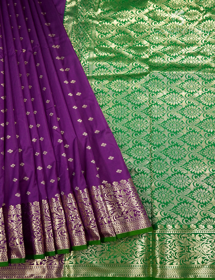 Semi Banaras Katan Silk Saree in Deep Violet and Parrot Green