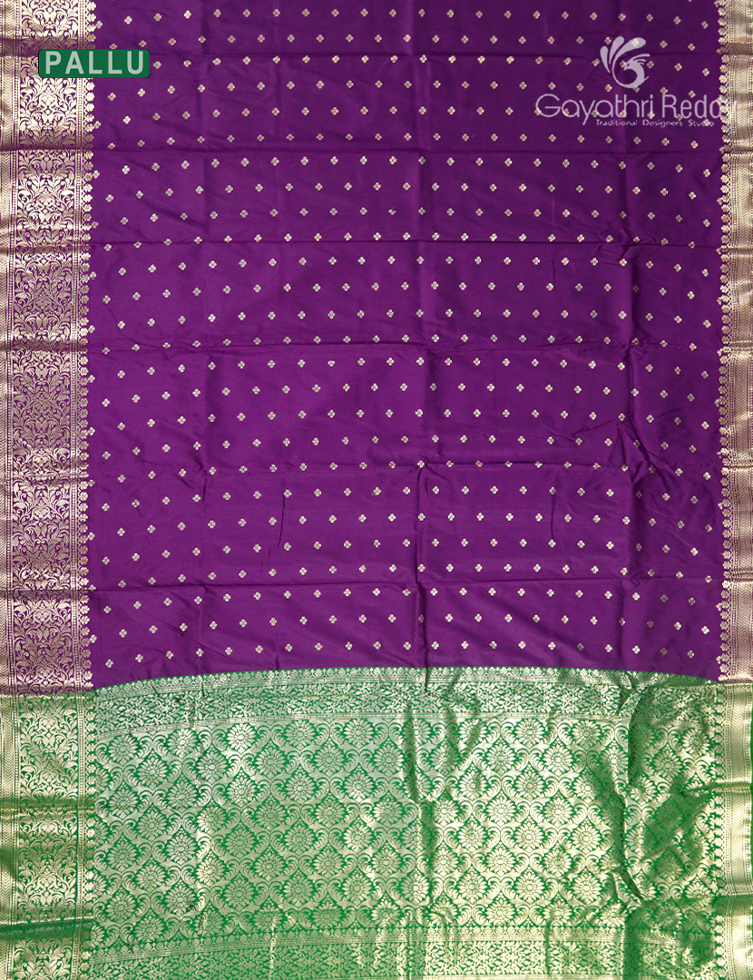 Semi Banaras Katan Silk Saree in Deep Violet and Parrot Green