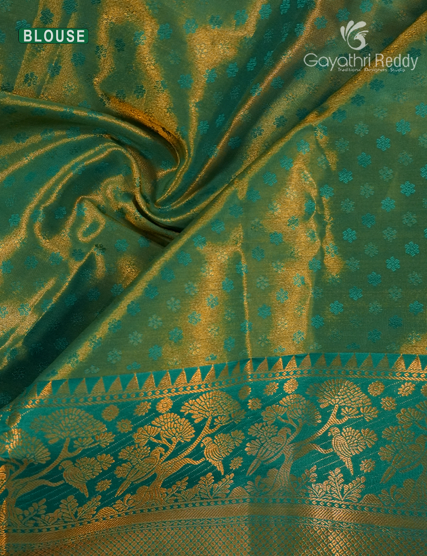 Semi Kanchipuram Silk Saree in Rose Gold and Rama Green