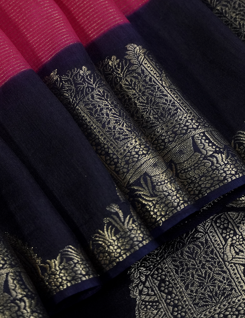 Semi Mysore Crepe Saree in Rani Pink and Navy Blue