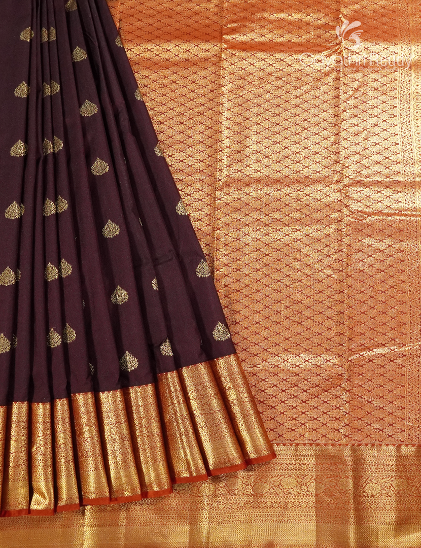 Semi Kanchipuram Silk Saree in Deep Brown and Rust Red