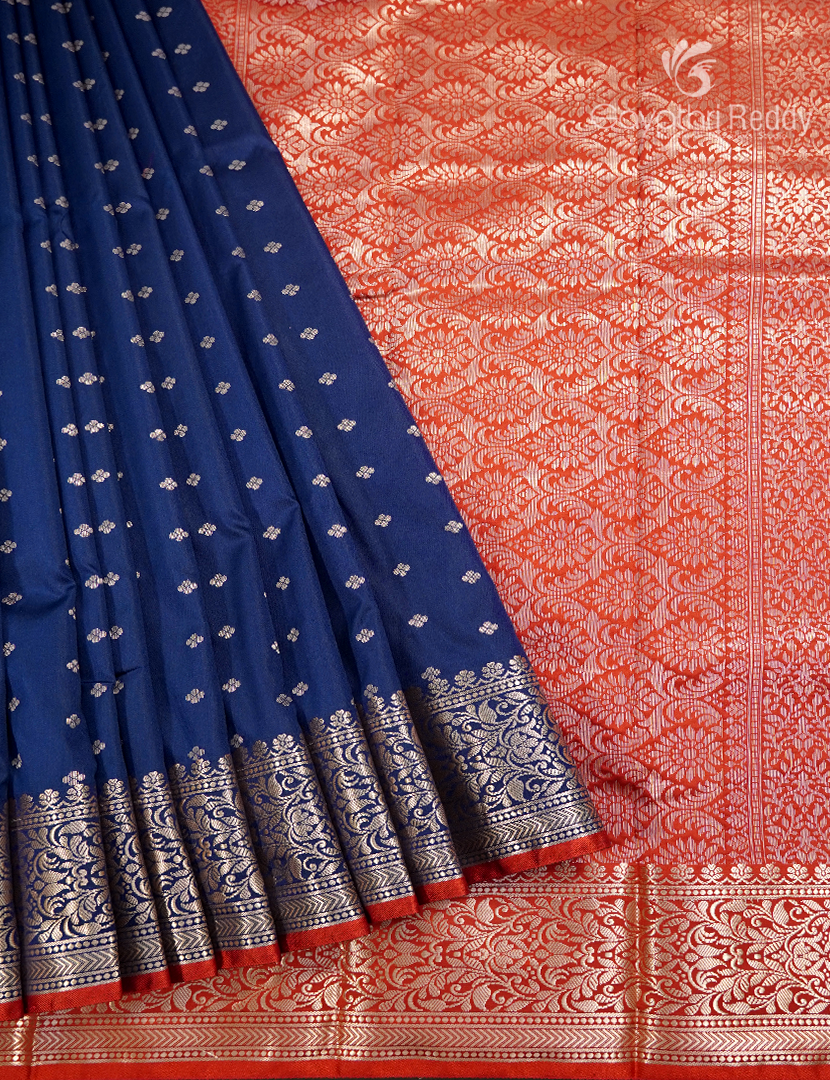 Semi Banaras Katan Silk Saree in Deep Blue and Red