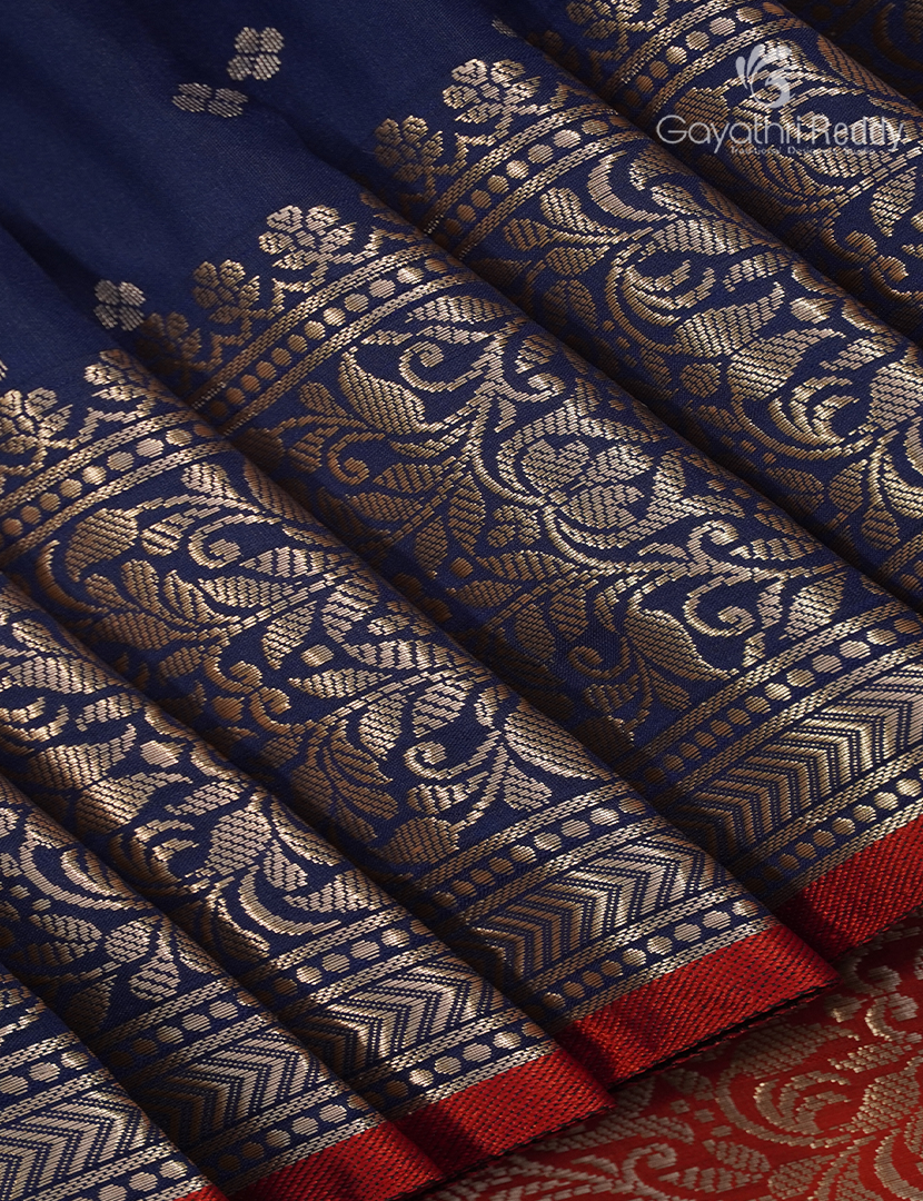 Semi Banaras Katan Silk Saree in Deep Blue and Red