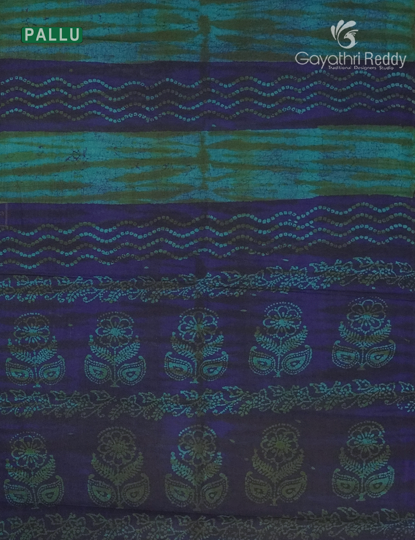 Cotton Batik Print Saree in Navy Blue and Sea Green