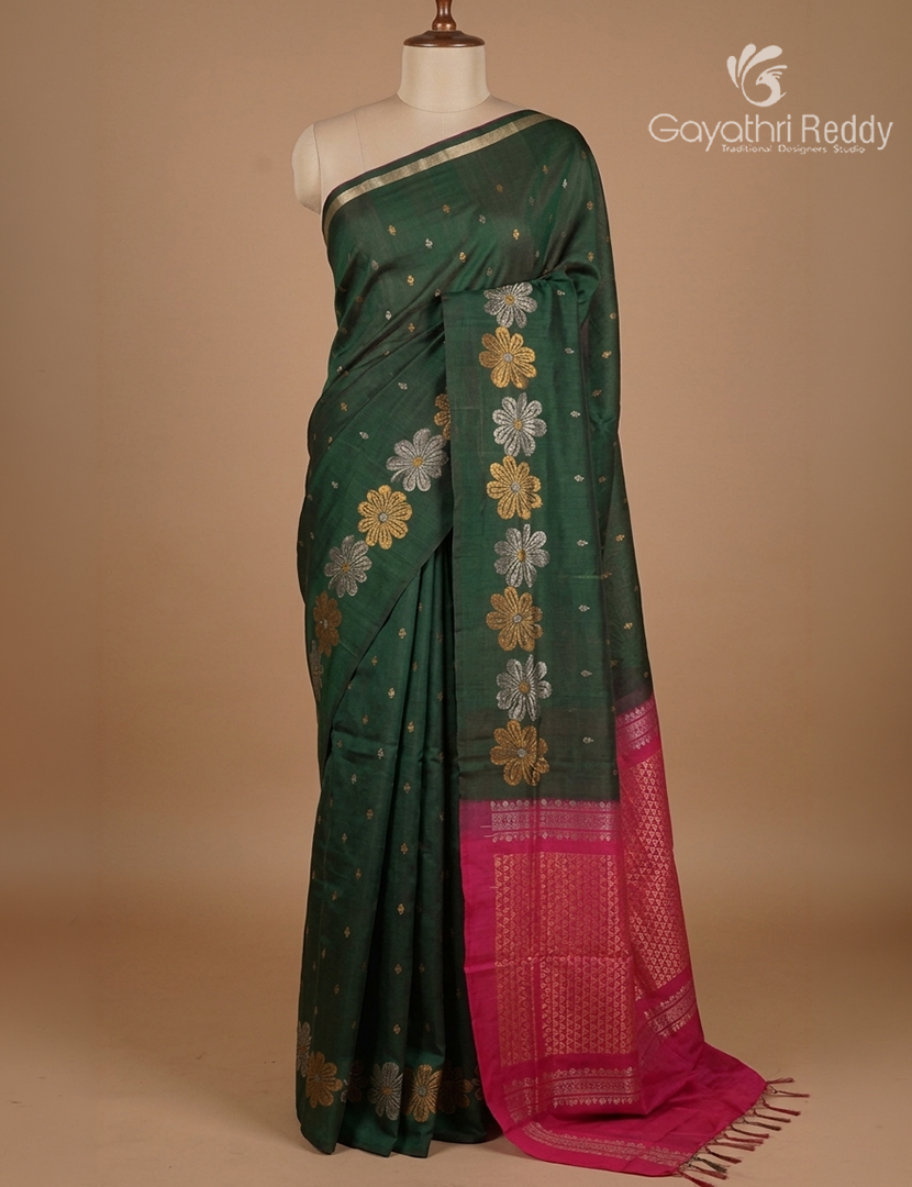 Pure Uppada Silk Saree in Bottle Green and Rani Pink