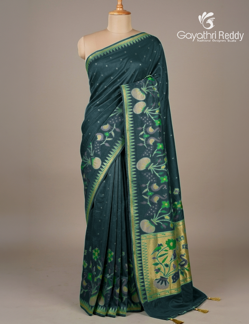Pure Satin Silk Saree in Deep Rama Green