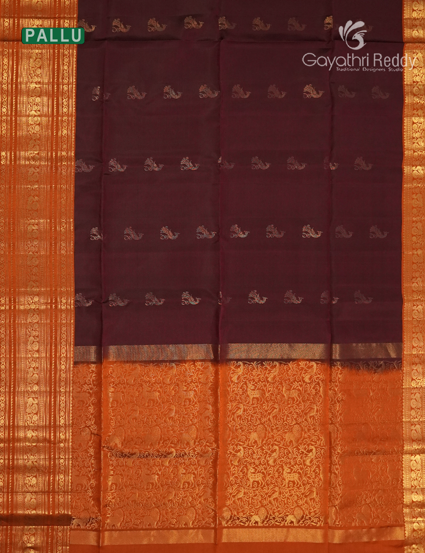 Pure Kanchipuram Soft Silk Saree in Brown and Rust Orange