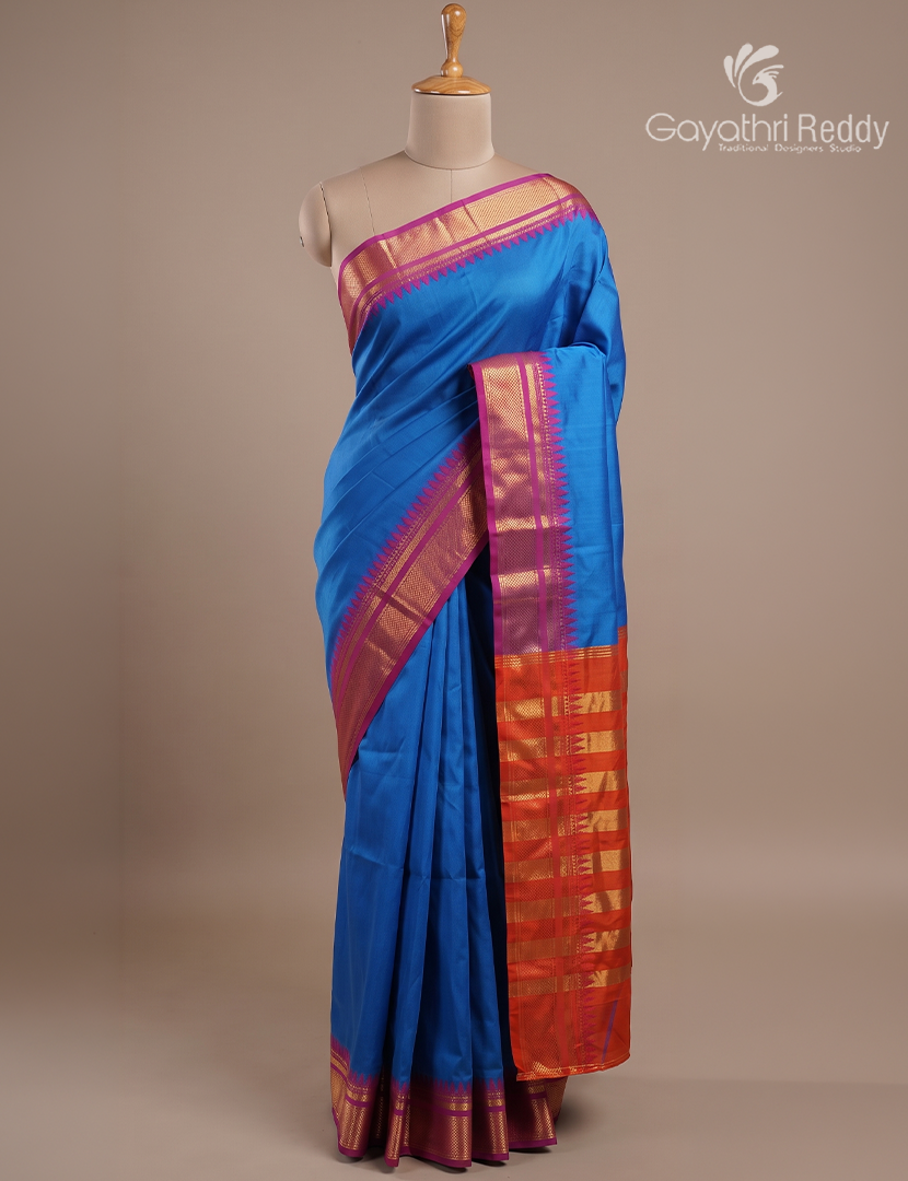 Semi Gadwal Saree in Blue and Red