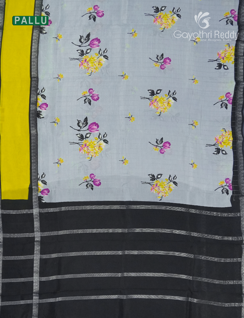 Mangalgiri Printed Saree in Pastel Grey , Yellow and Black