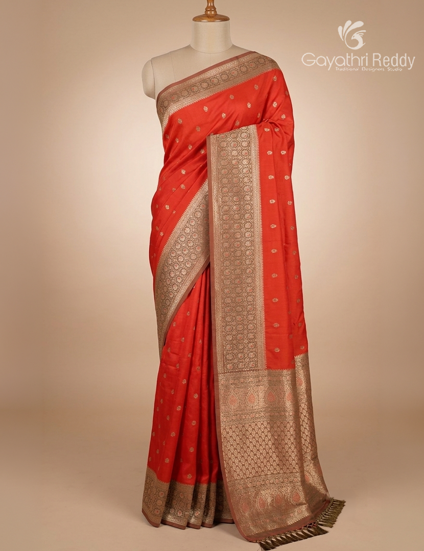 Semi Kanchipuram Art Silk Saree in Orange and Khakhi Green