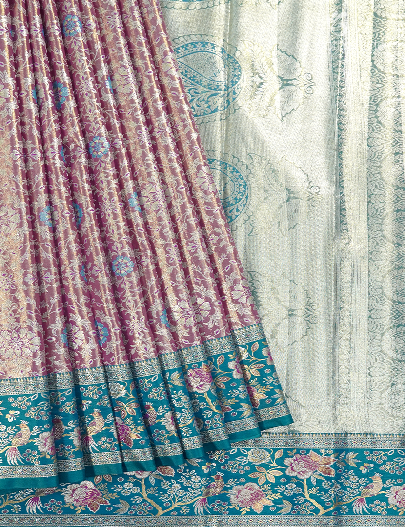 Semi Kanchipuram Silk Saree in Pastel Onion Pink and Sea Blue