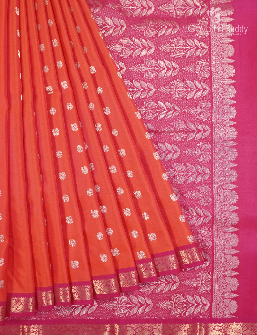 Pure Kanchipuram Vintage Saree ( Small Border ) in Orange and Rani Pink