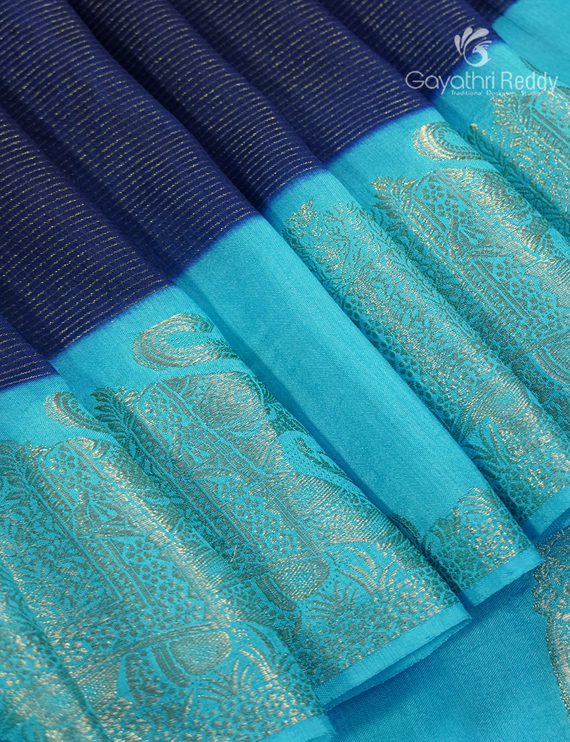 Semi Mysore Crepe Saree in Navy Blue and Sky Blue