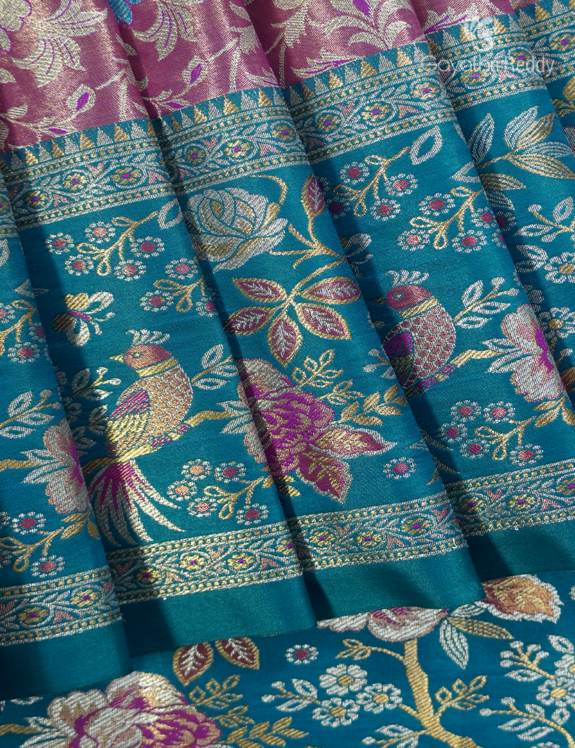 Semi Kanchipuram Silk Saree in Pastel Onion Pink and Sea Blue