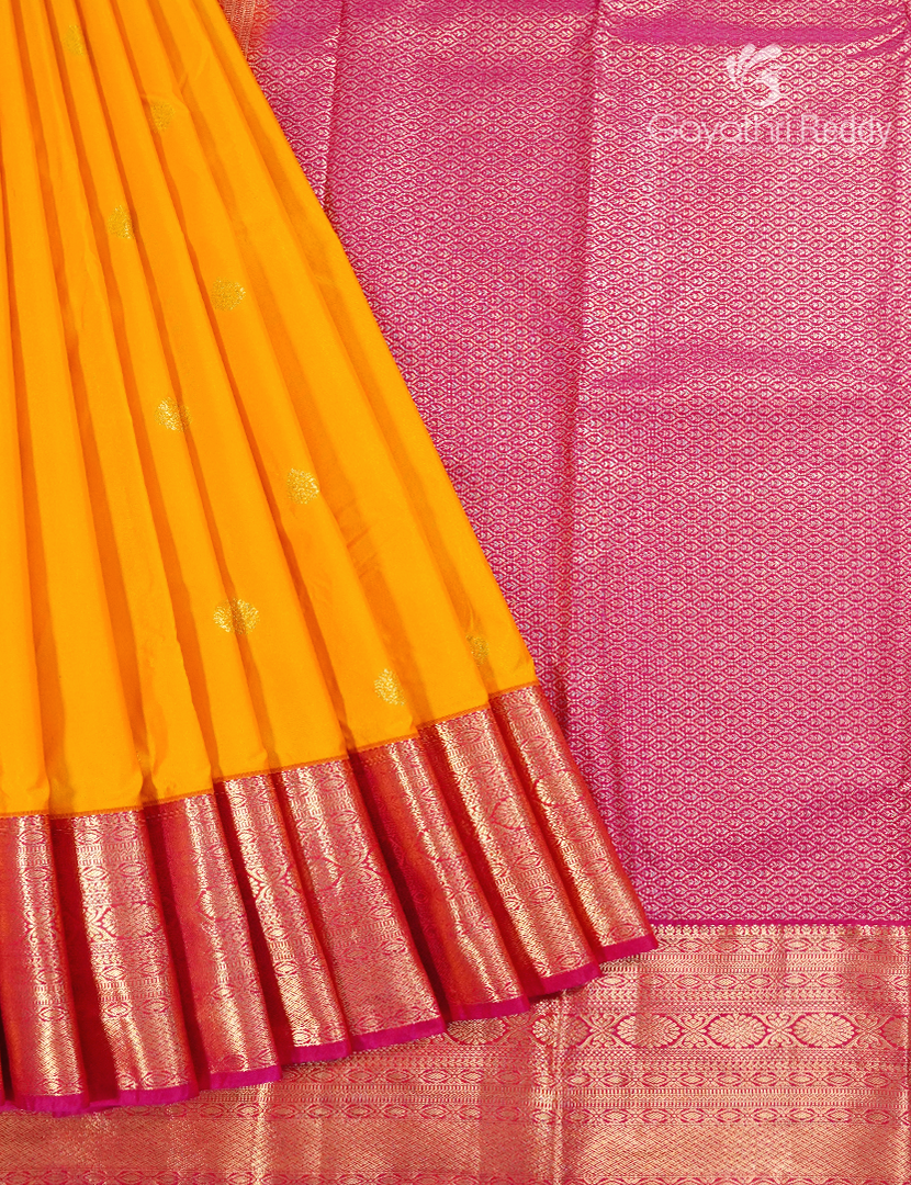 Semi Kanchipuram Silk Saree in Mango Yellow and Rani Pink
