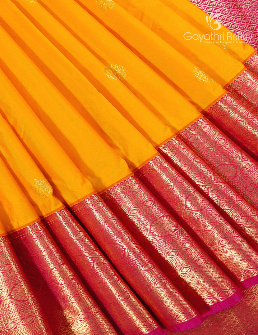 Semi Kanchipuram Silk Saree in Mango Yellow and Rani Pink