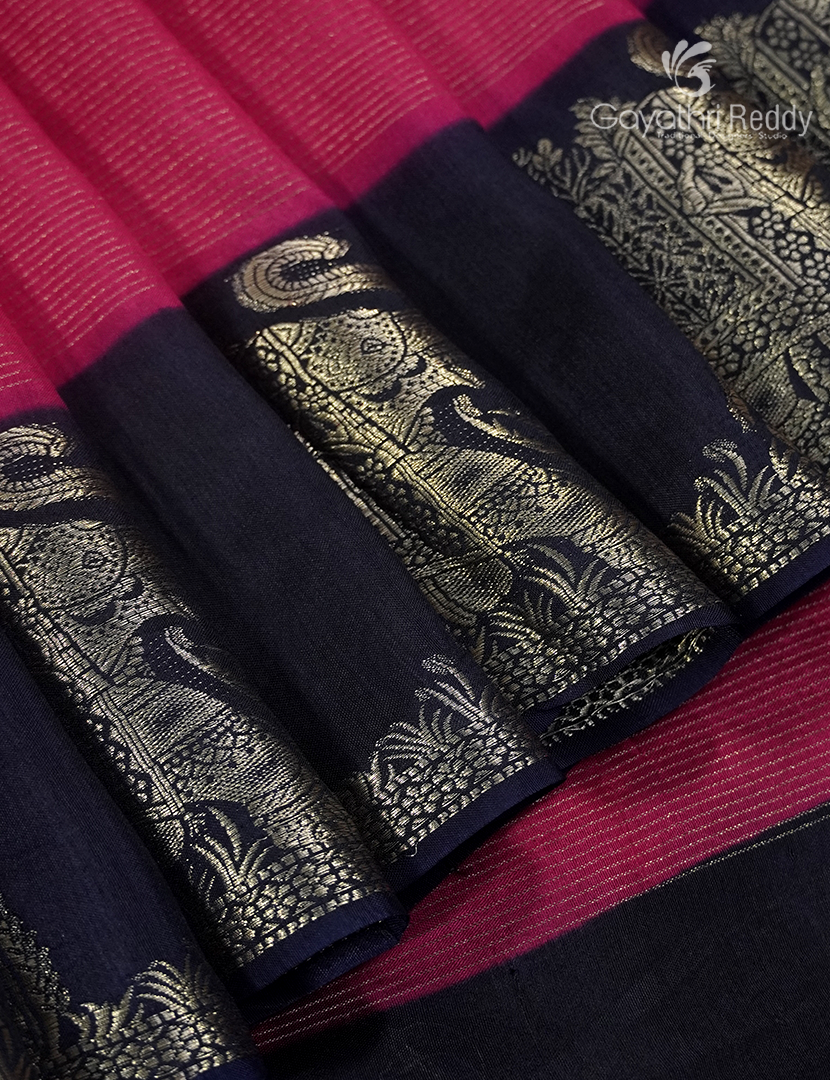 Semi Mysore Crepe Saree in Deep Pink and Navy Blue