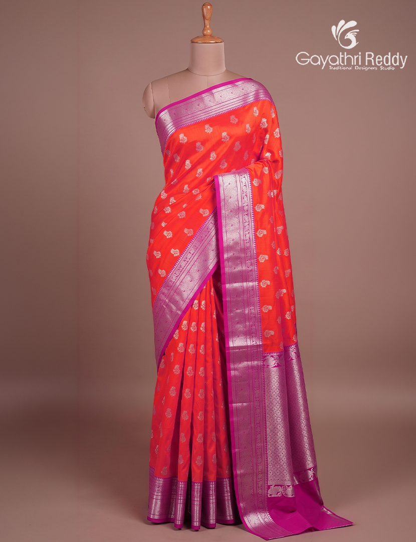 Pure Venkatagiri Silk Saree in Peachish Orange and Pink