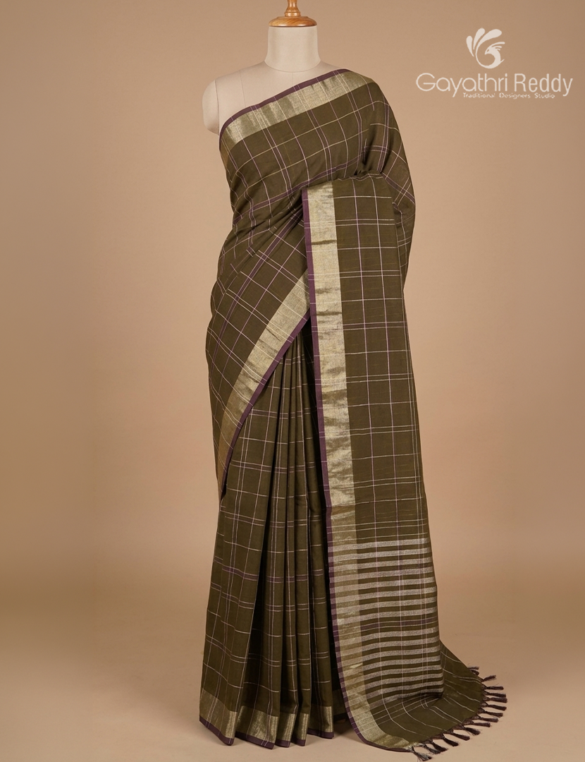 Pure Kanchi Cotton Saree in Deep Olive Green