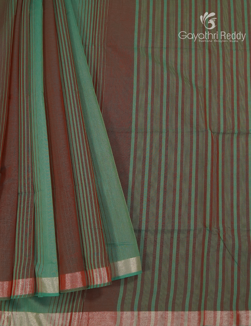 Pure Kanchi Cotton Saree in Sea Green and Brown