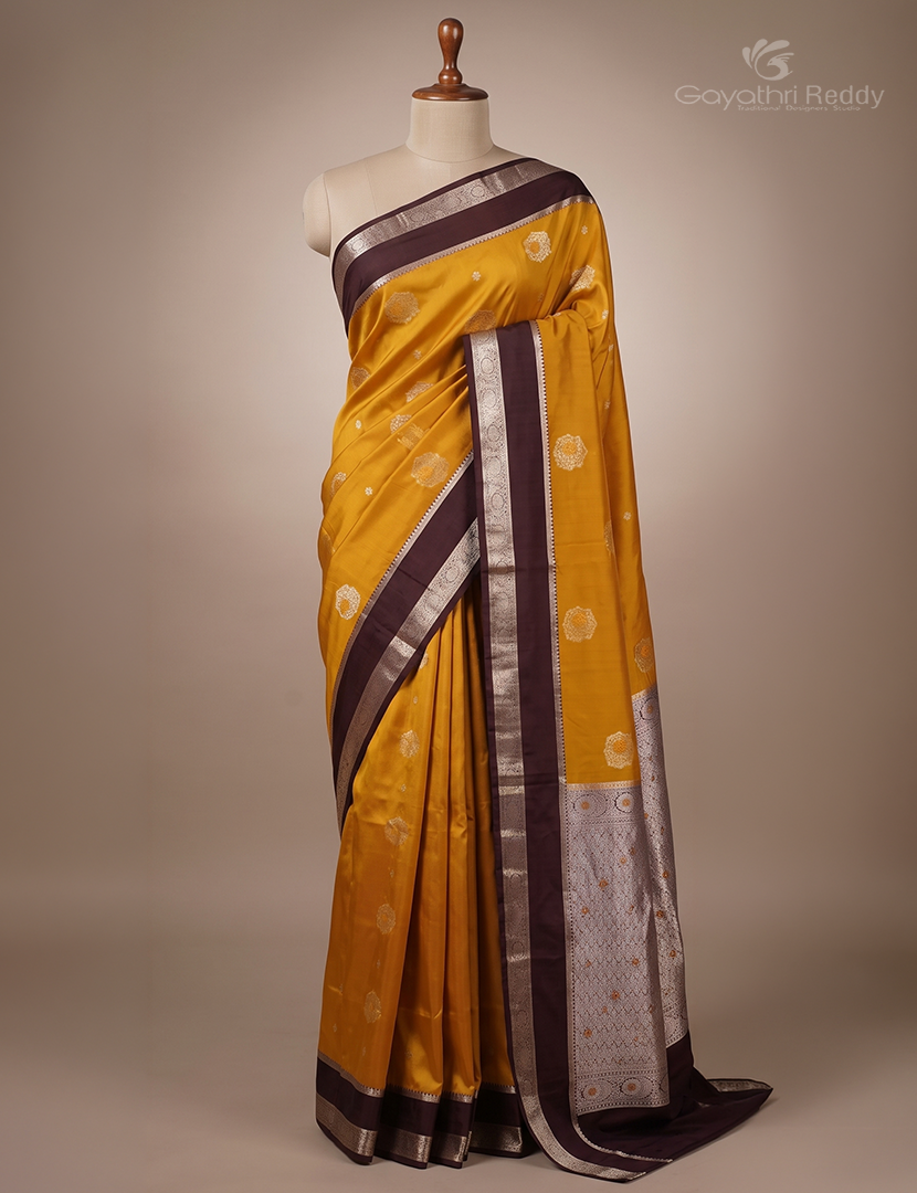 Soft Silk Saree in Deep turmeric and Deep Brown