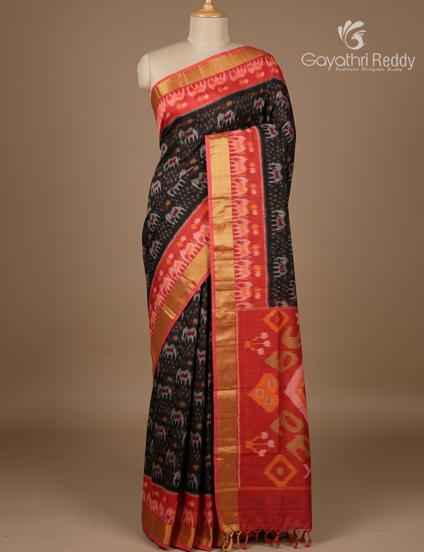 Kanchipuram Sico Saree in Black and Orange