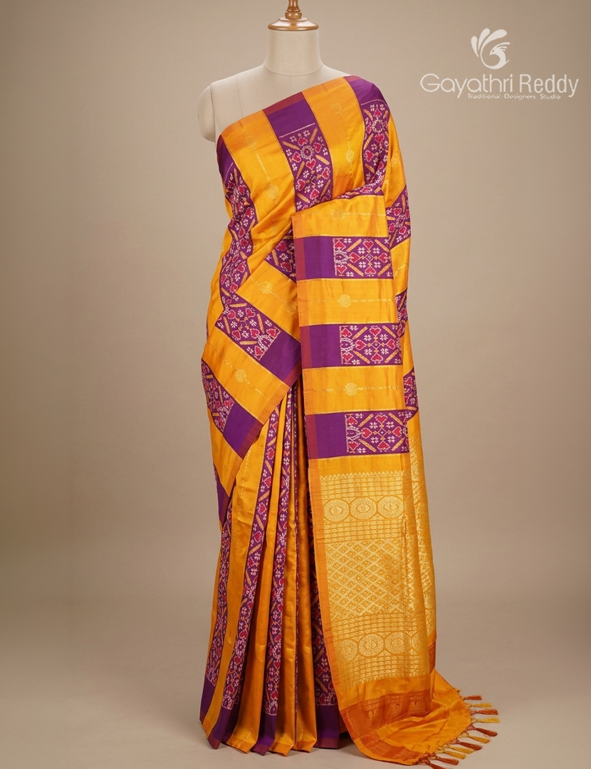 Pure Ikat Silk Saree in Orange and Purple