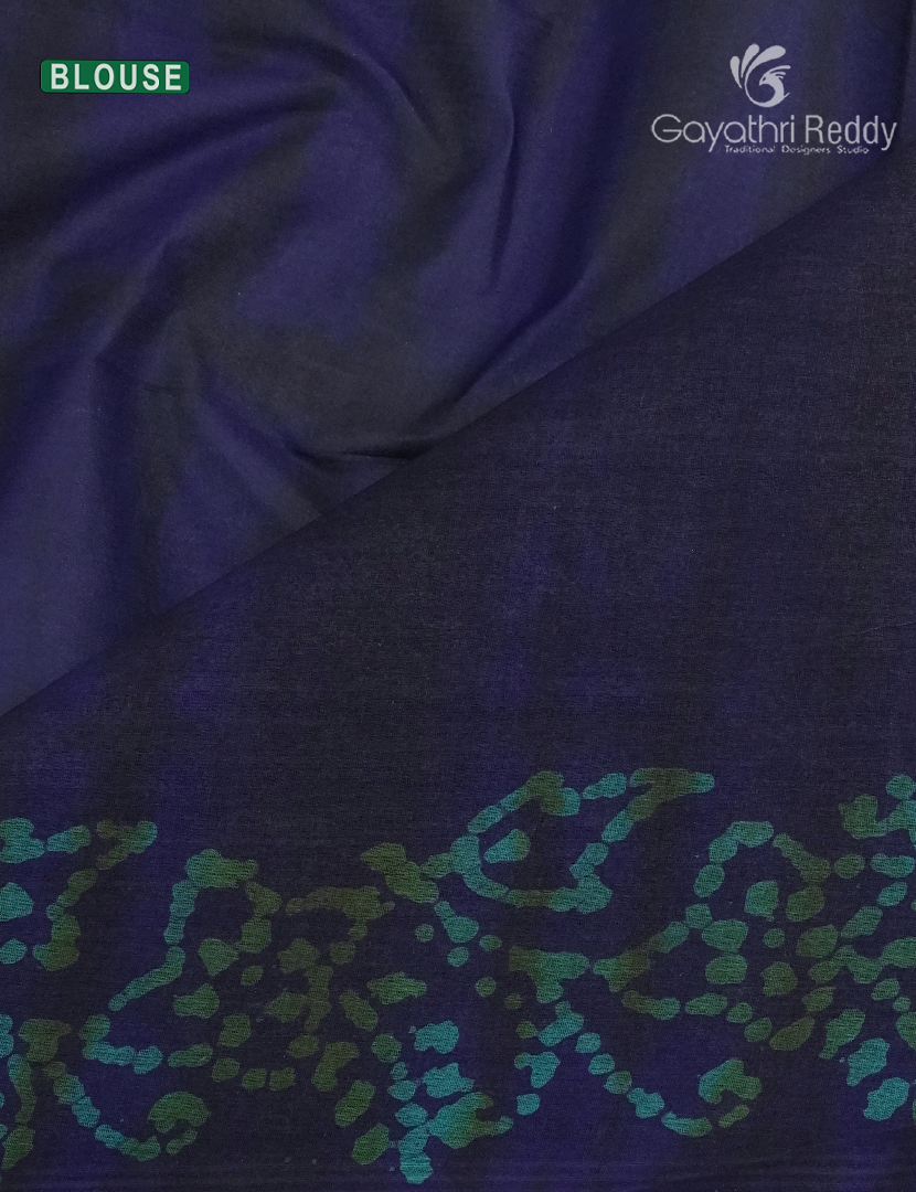 Cotton Batik Print Saree in Navy Blue and Sea Green