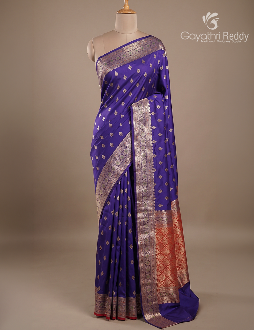 Semi Banaras Katan Silk Saree in Deep Blue and Red