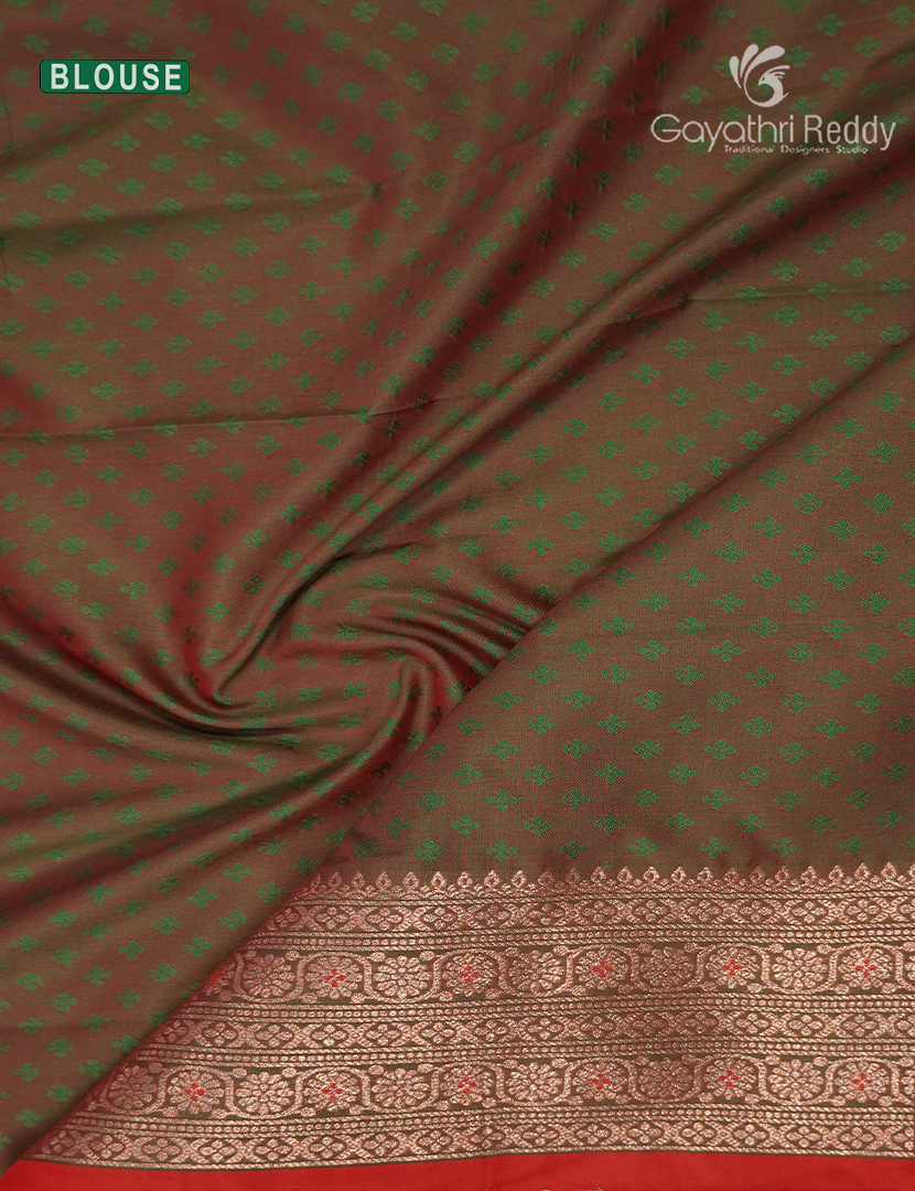 Semi Kanchipuram Art Silk Saree in Orange and Khakhi Green