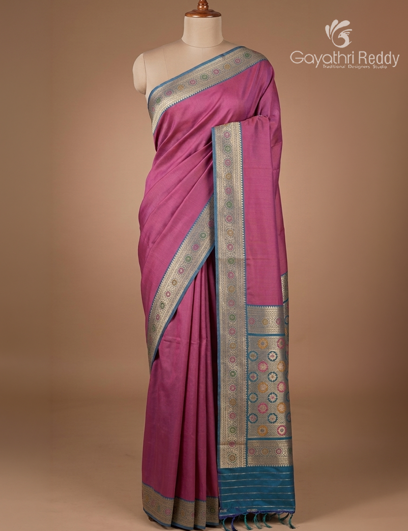 Semi Kanchipuram Art Silk Saree in Deep Onion Pink and Deep Peacock Blue