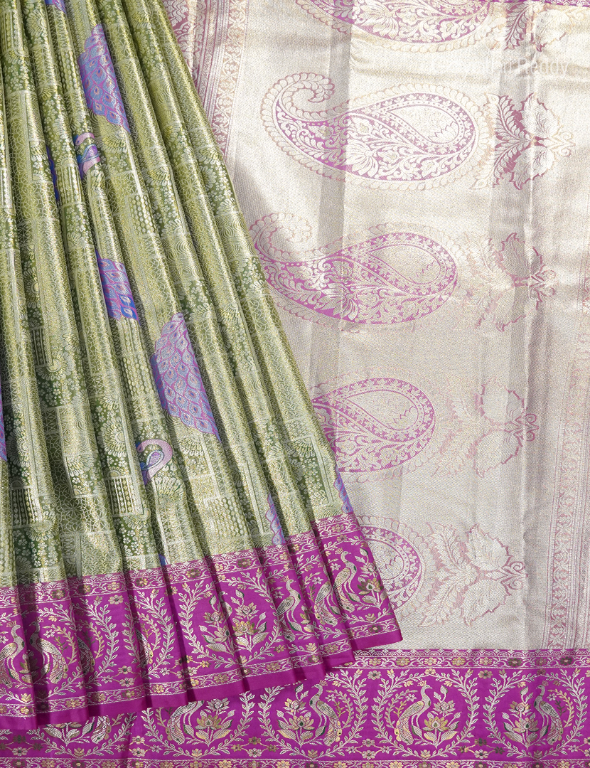 Semi Kanchipuram Silk Saree in Pista Green and Magenta