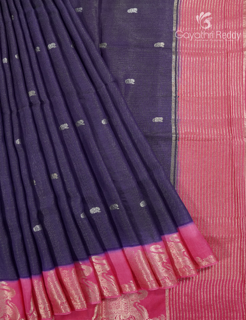 Semi Mysore Crepe Saree in Navy Blue and Rani Pink