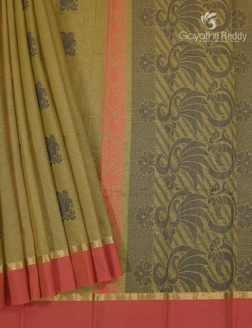 Pure Kanchi Cotton Saree in Olive Green