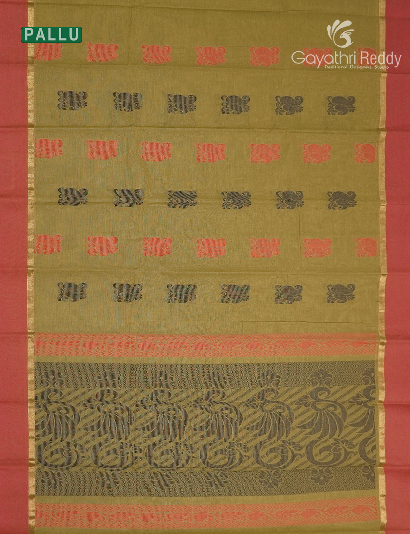 Pure Kanchi Cotton Saree in Olive Green