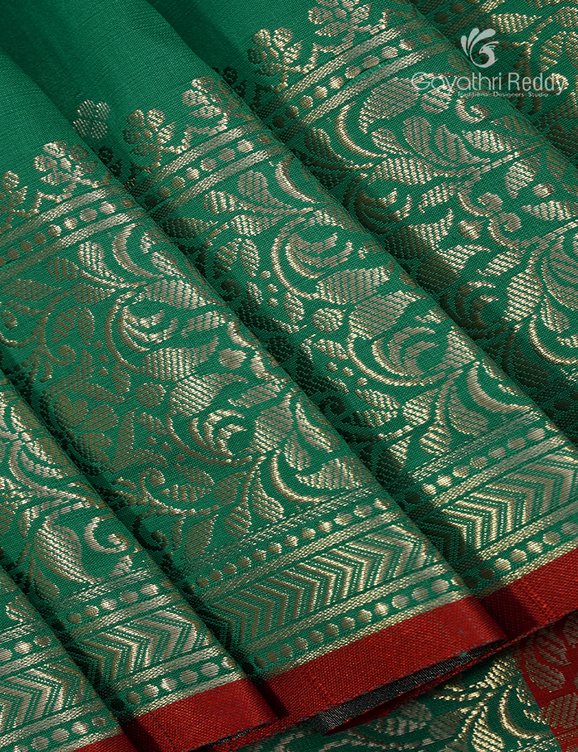 Semi Banaras Katan Silk Saree in Sea Green and Red