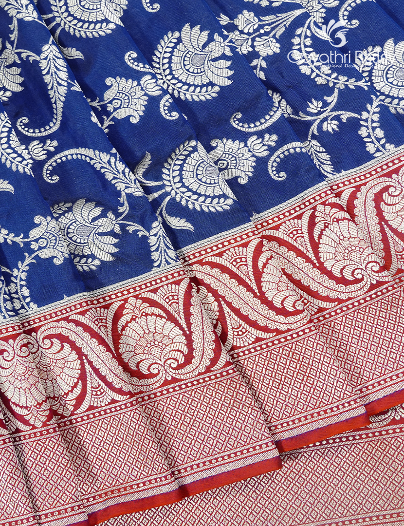 Pure Banaras Katan Silk Saree in Navy Blue and Orange