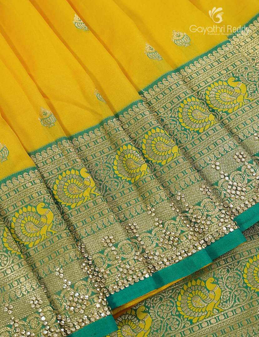 Semi Kanchipuram Silk Fancy Saree in Yellow and Leaf Green