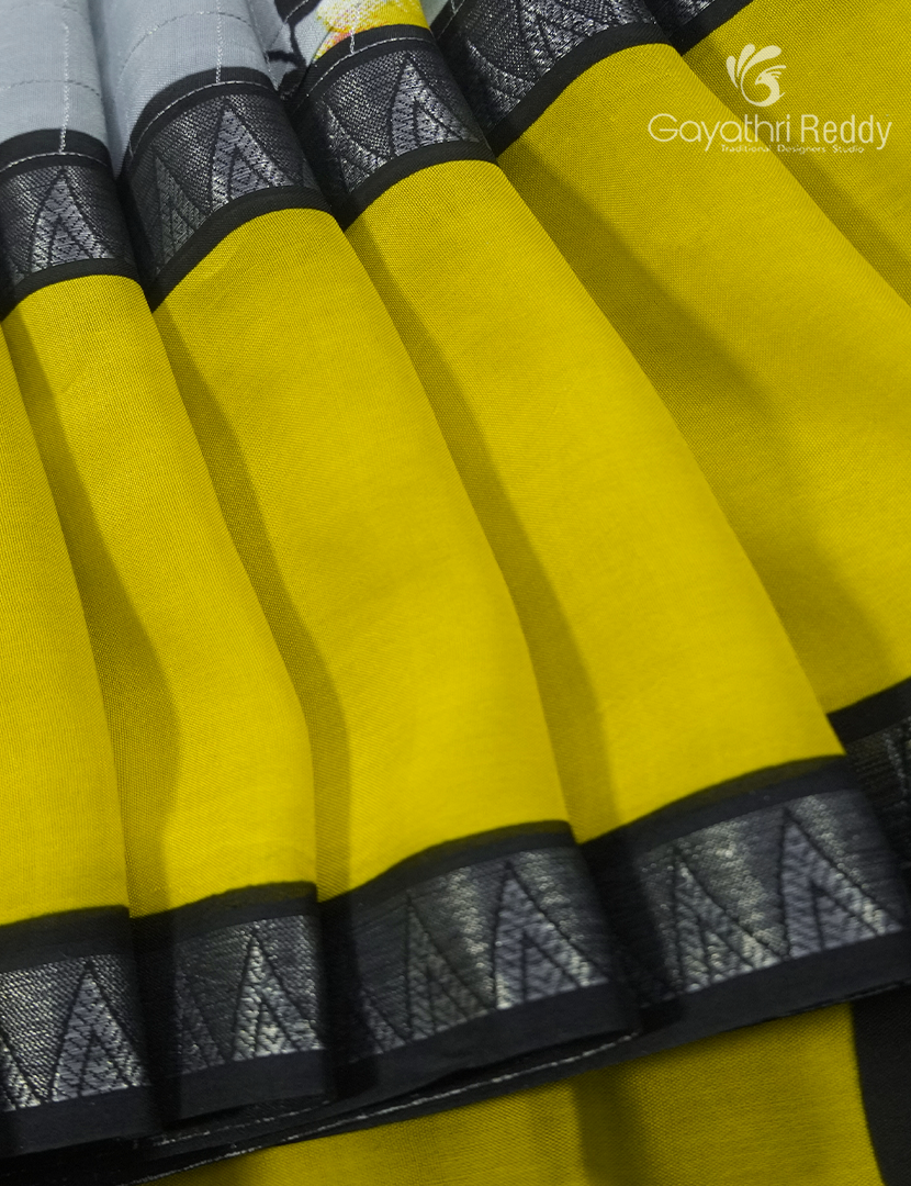 Mangalgiri Printed Saree in Pastel Grey , Yellow and Black