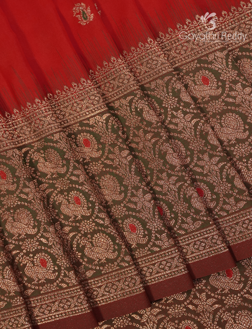 Semi Kanchipuram Art Silk Saree in Orange and Khakhi Green