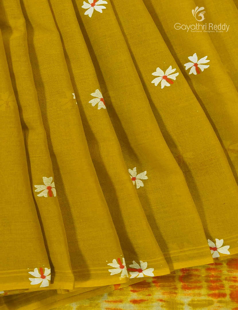 Pure MulMul Cotton Saree in Dry Mehendi and Orange