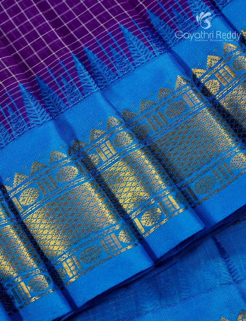 Pure Gadwal Cotton Saree in Deep Purple and Sky Blue