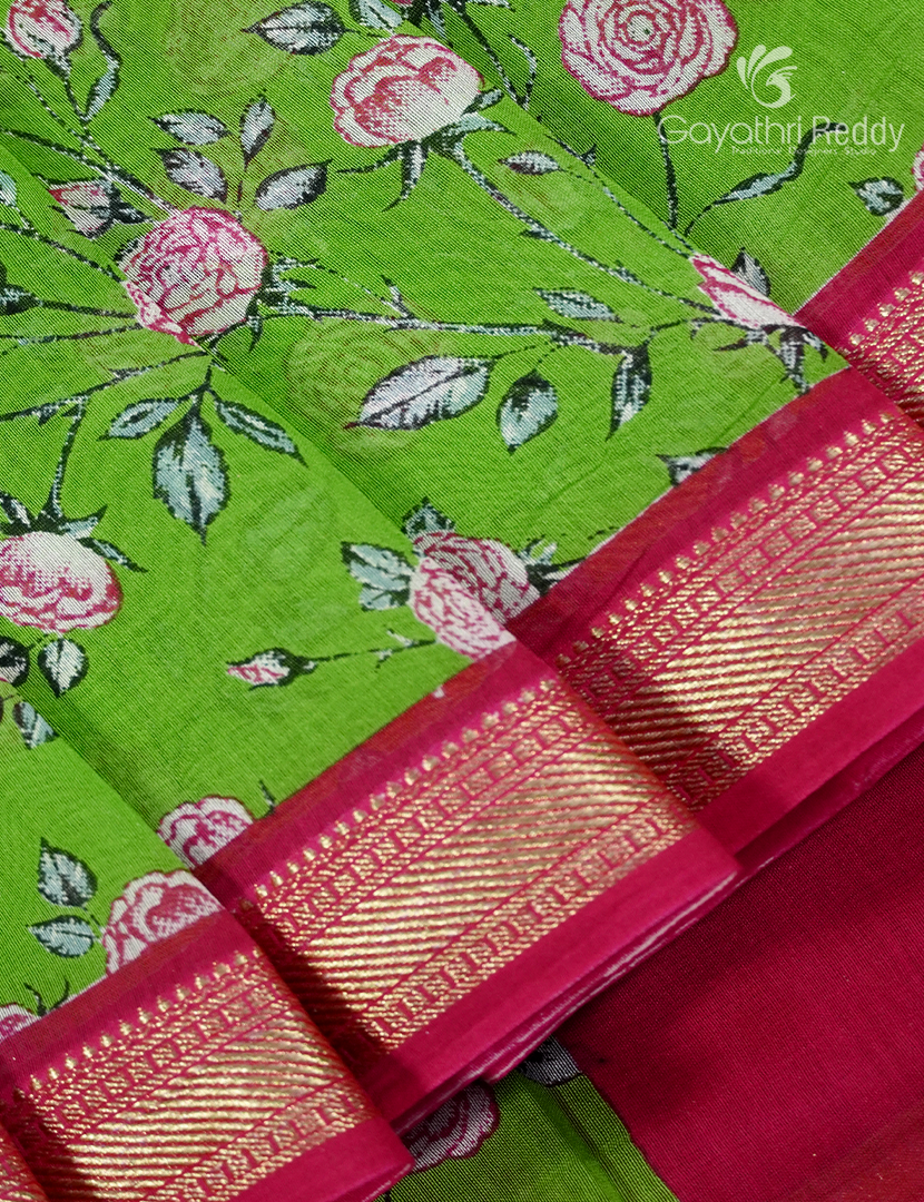 Pure Maheshwari Silk Saree in Parrot Green and Deep Pink