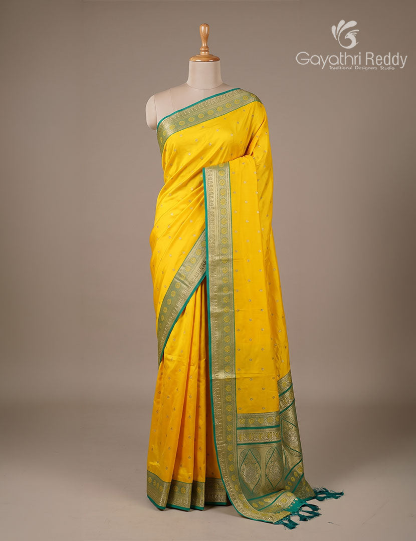 Semi Kanchipuram Silk Fancy Saree in Yellow and Leaf Green